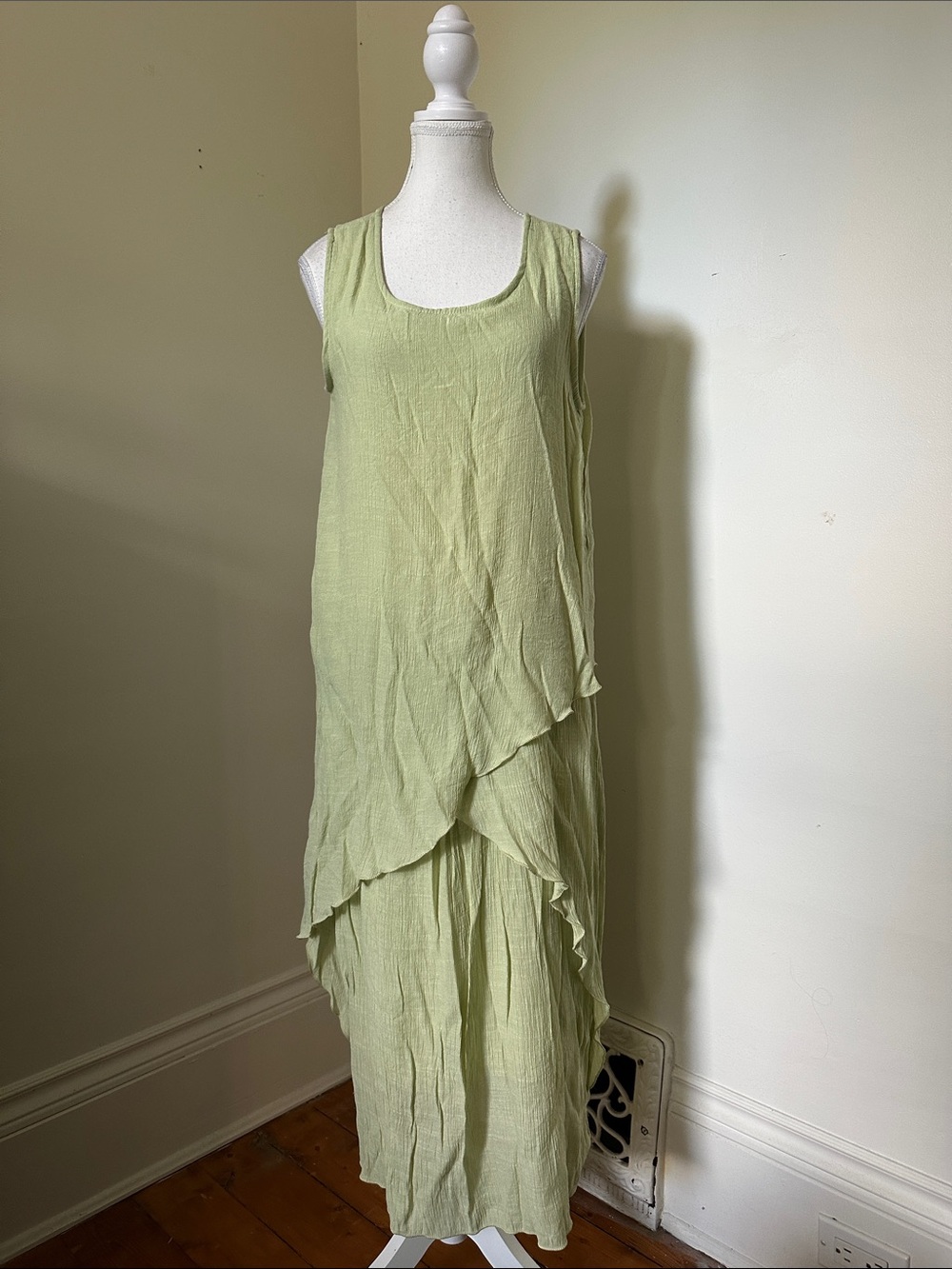 CASA DONNA Light Green Layered Drapey Linen Summer Vacation Maxi Dress Large